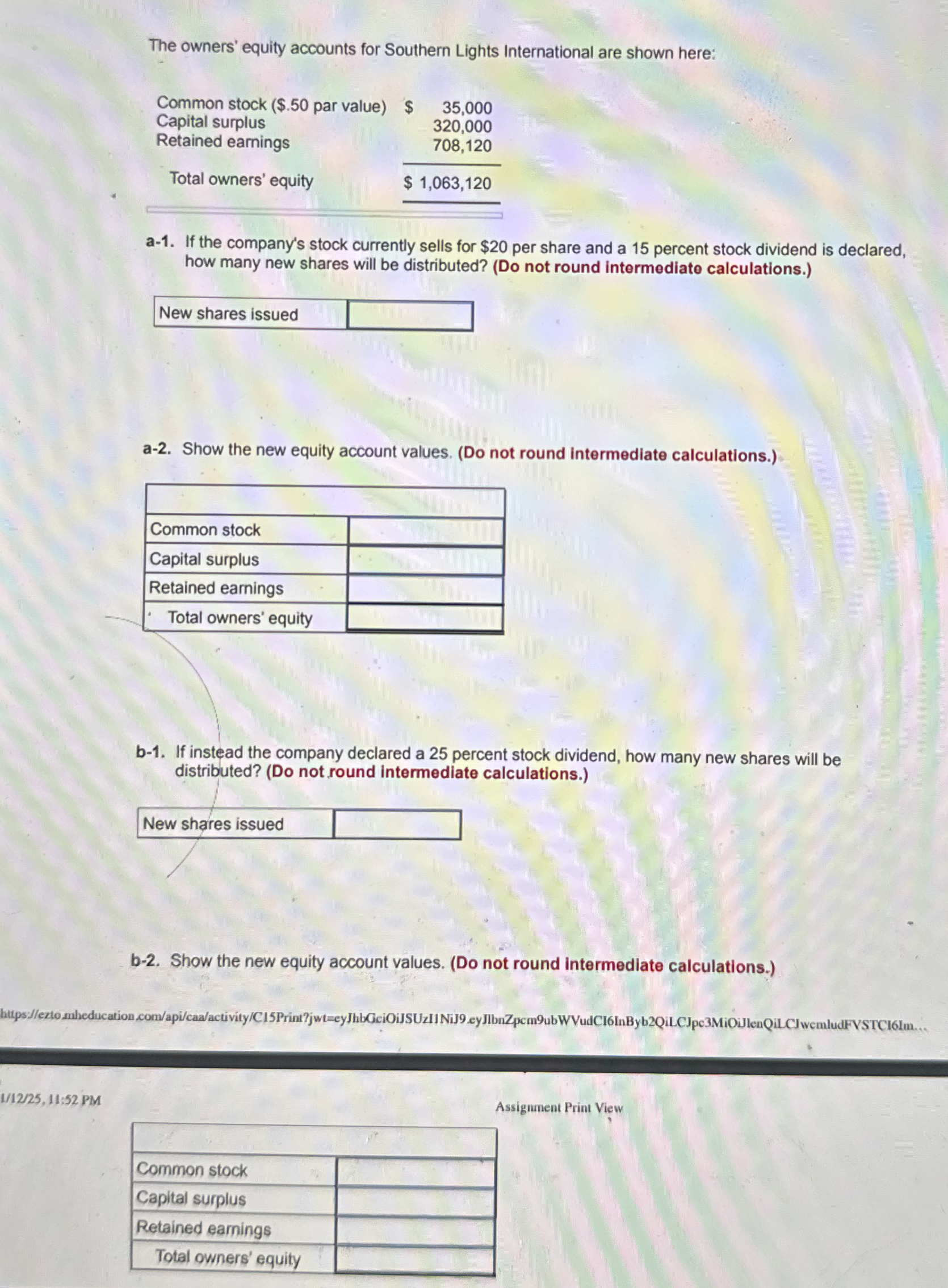 The owners' equity accounts for Southern Lights