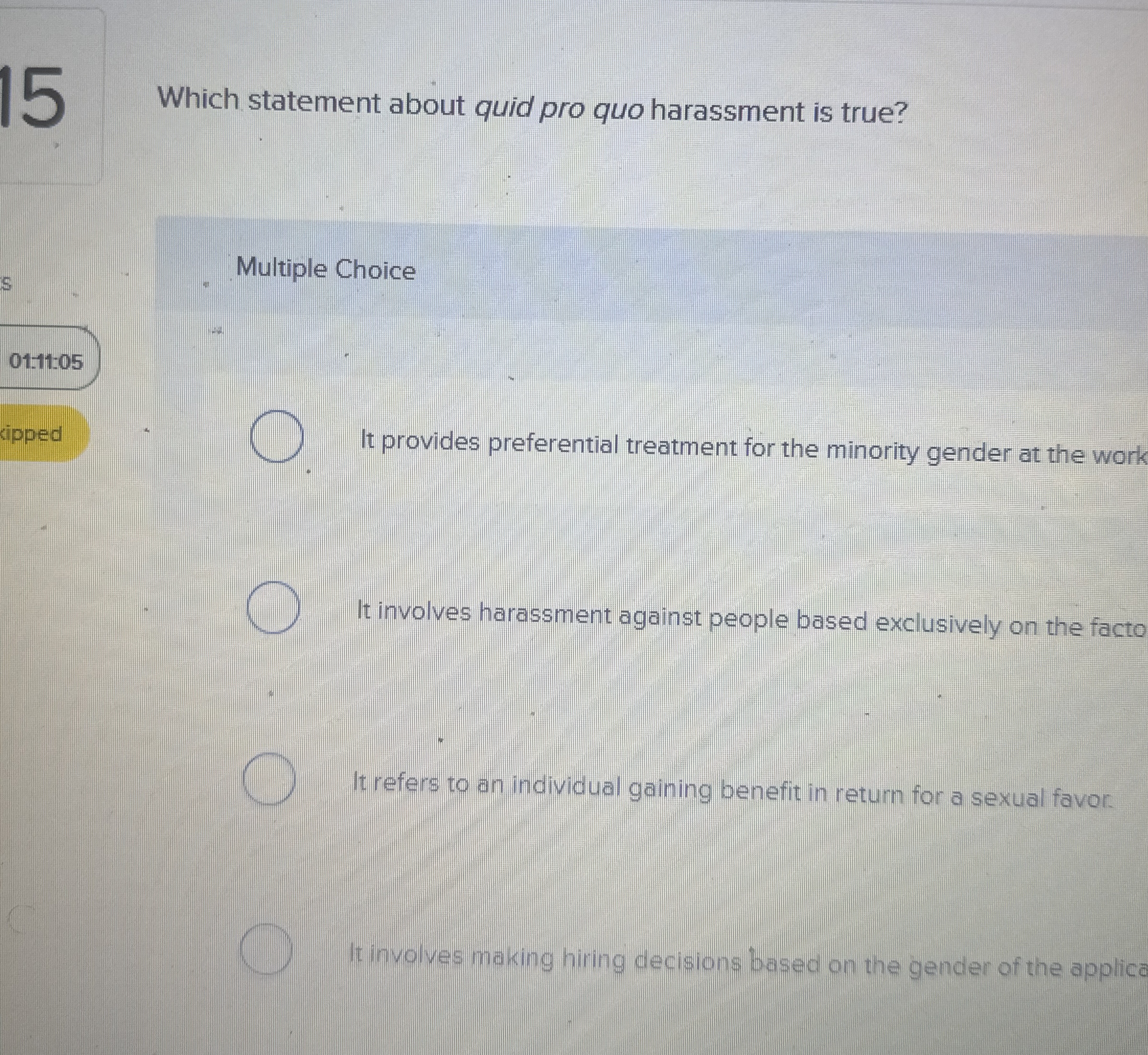 1 5 Which statement about quid pro quo harassment