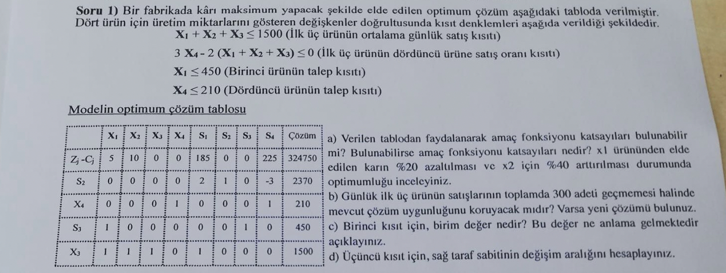 Soru 1 ) Bir fabrikada k r maksimum yapacak