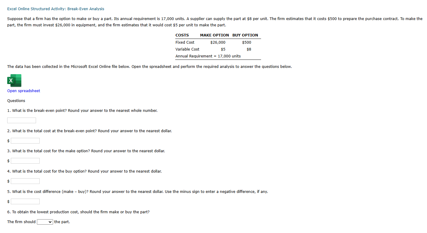 Excel Online Structured Activity: Break - Even