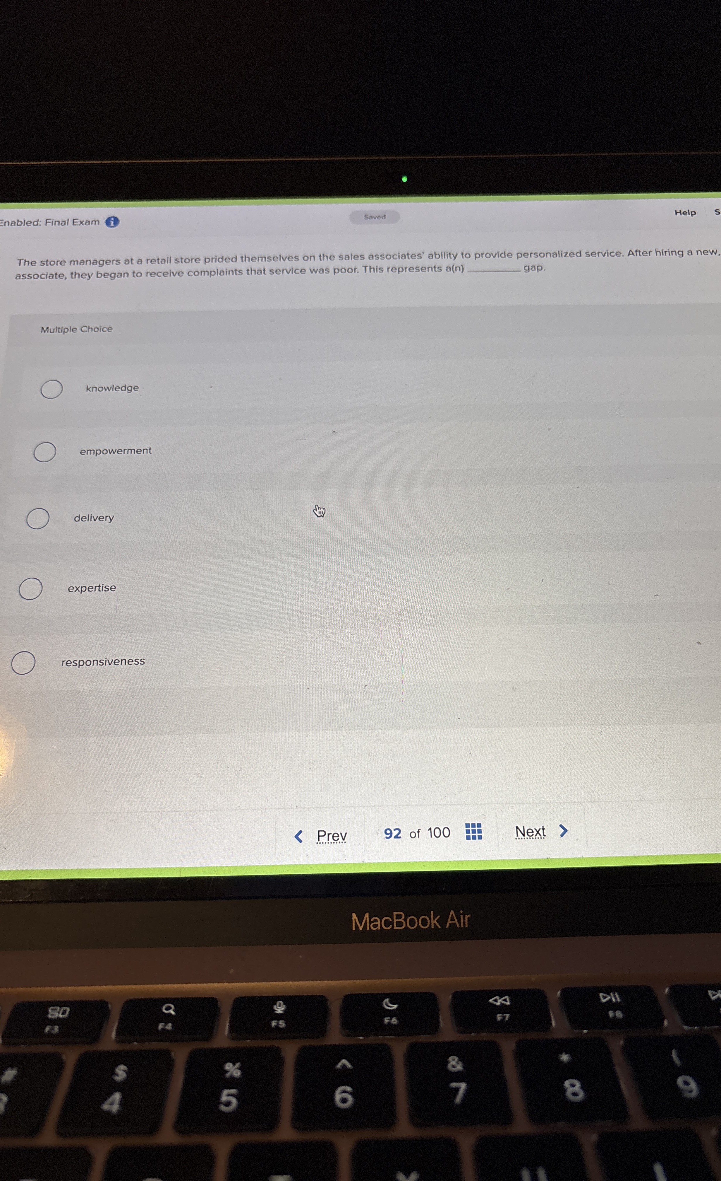 Enabled: Final Exam ( i ) Help The store managers