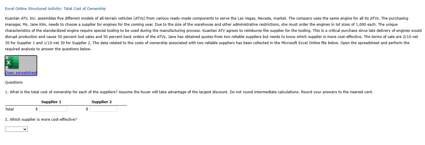 Excel Online Structured Activity: Total Cost of