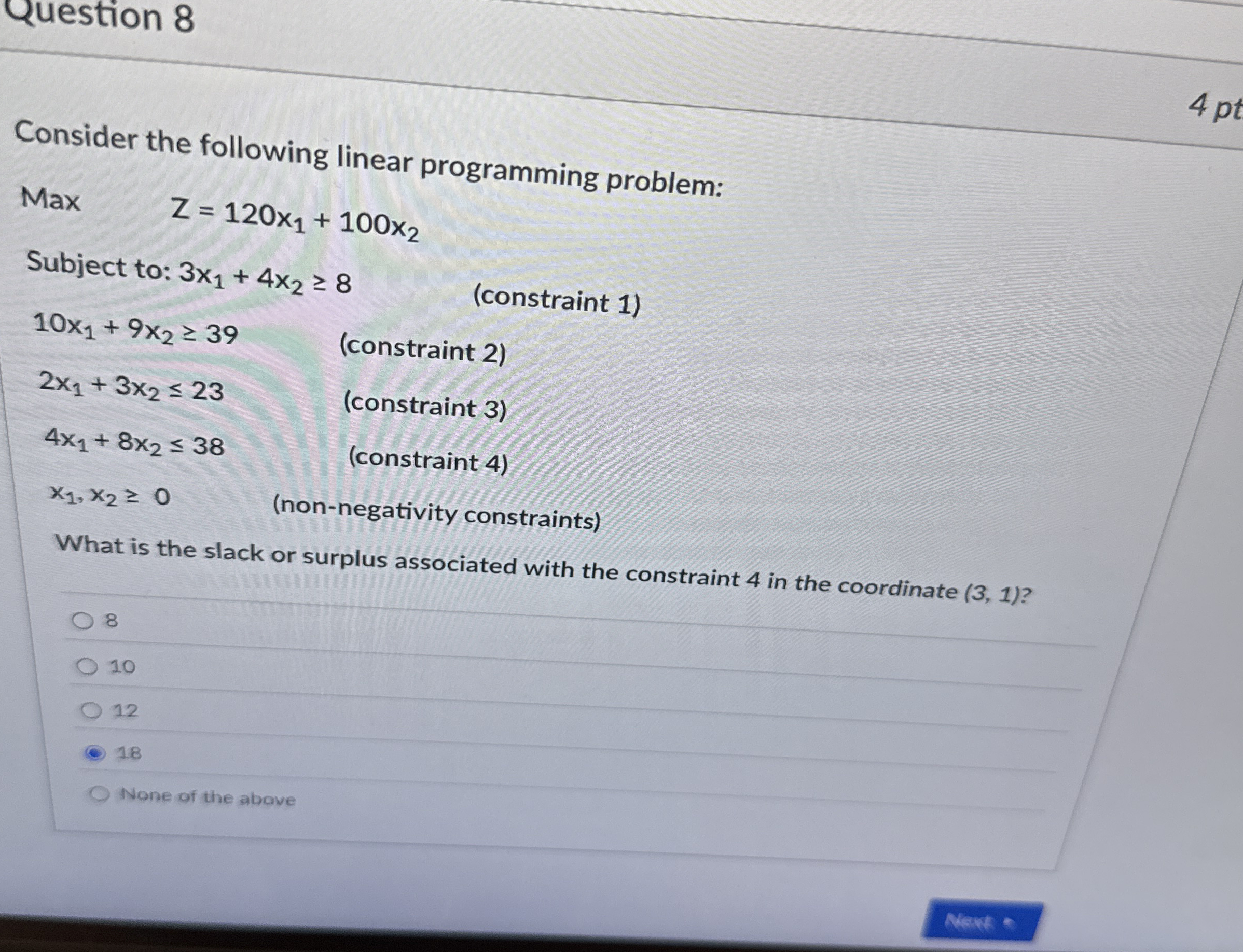 Question 8 Consider the following linear