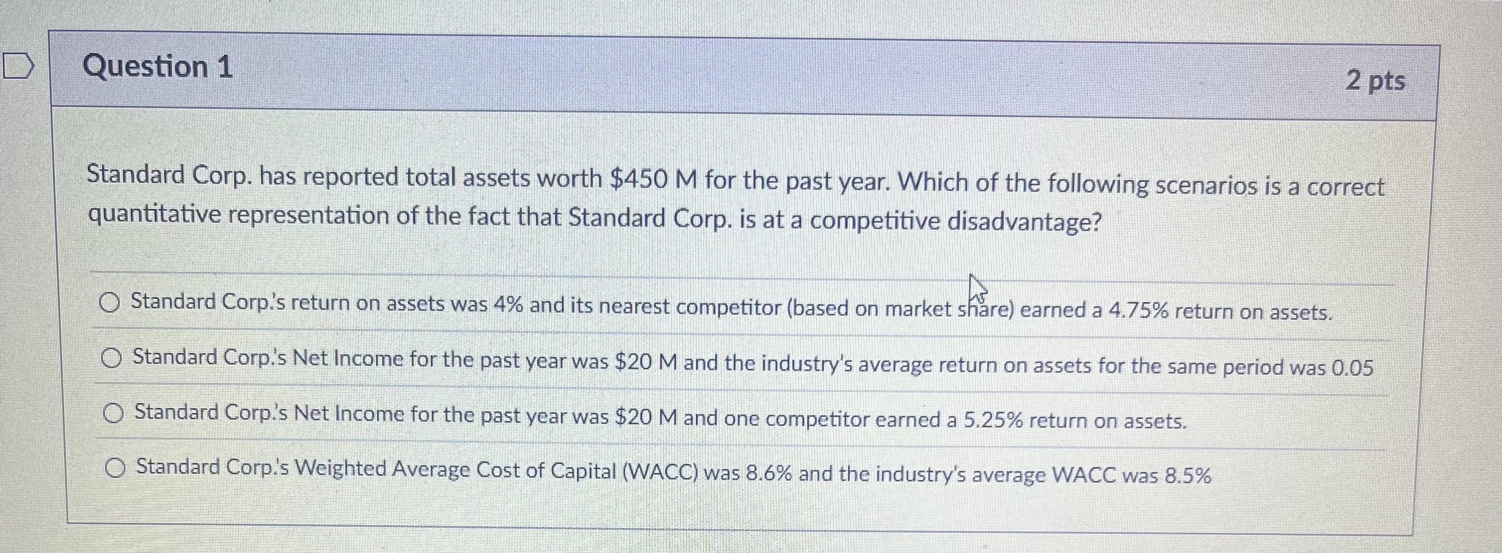 Question 1 Standard Corp. has reported total