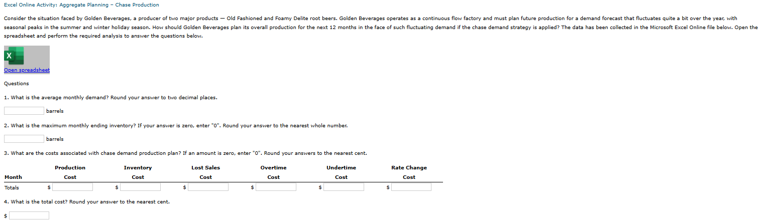 Excel Online Activity: Aggregate Planning - Chase