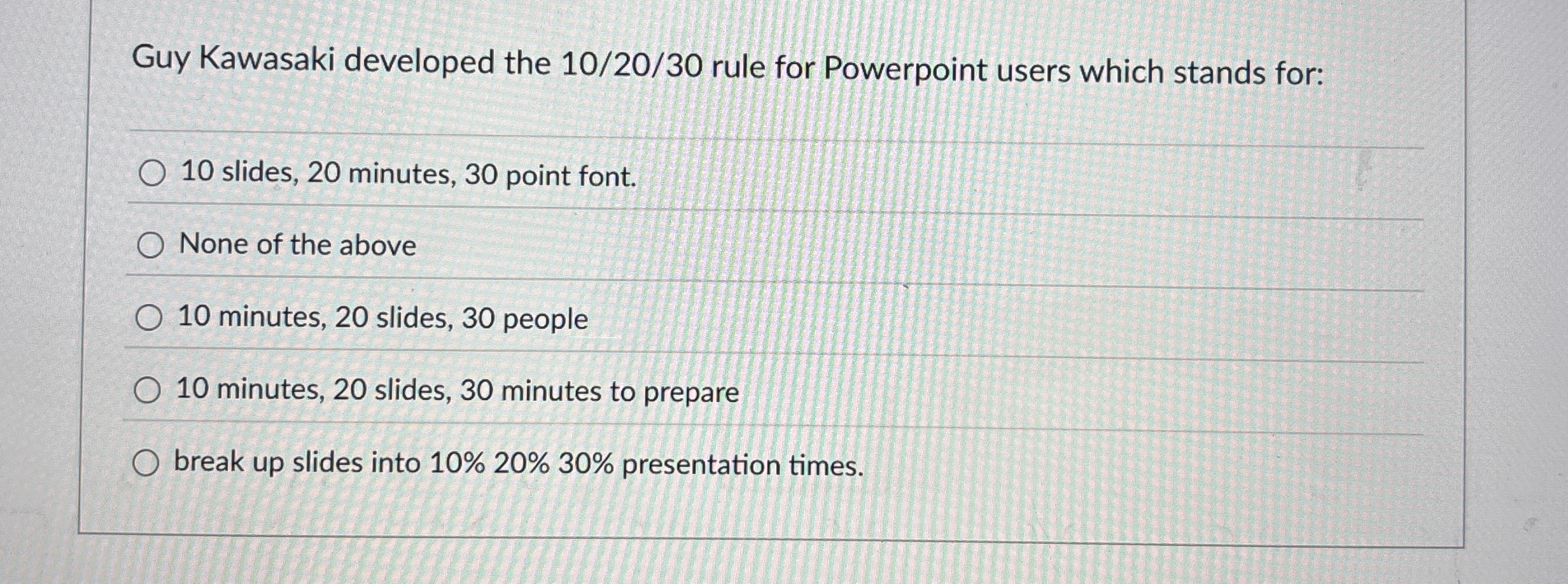 Guy Kawasaki developed the 1 0 / 2 0 / 3 0 rule