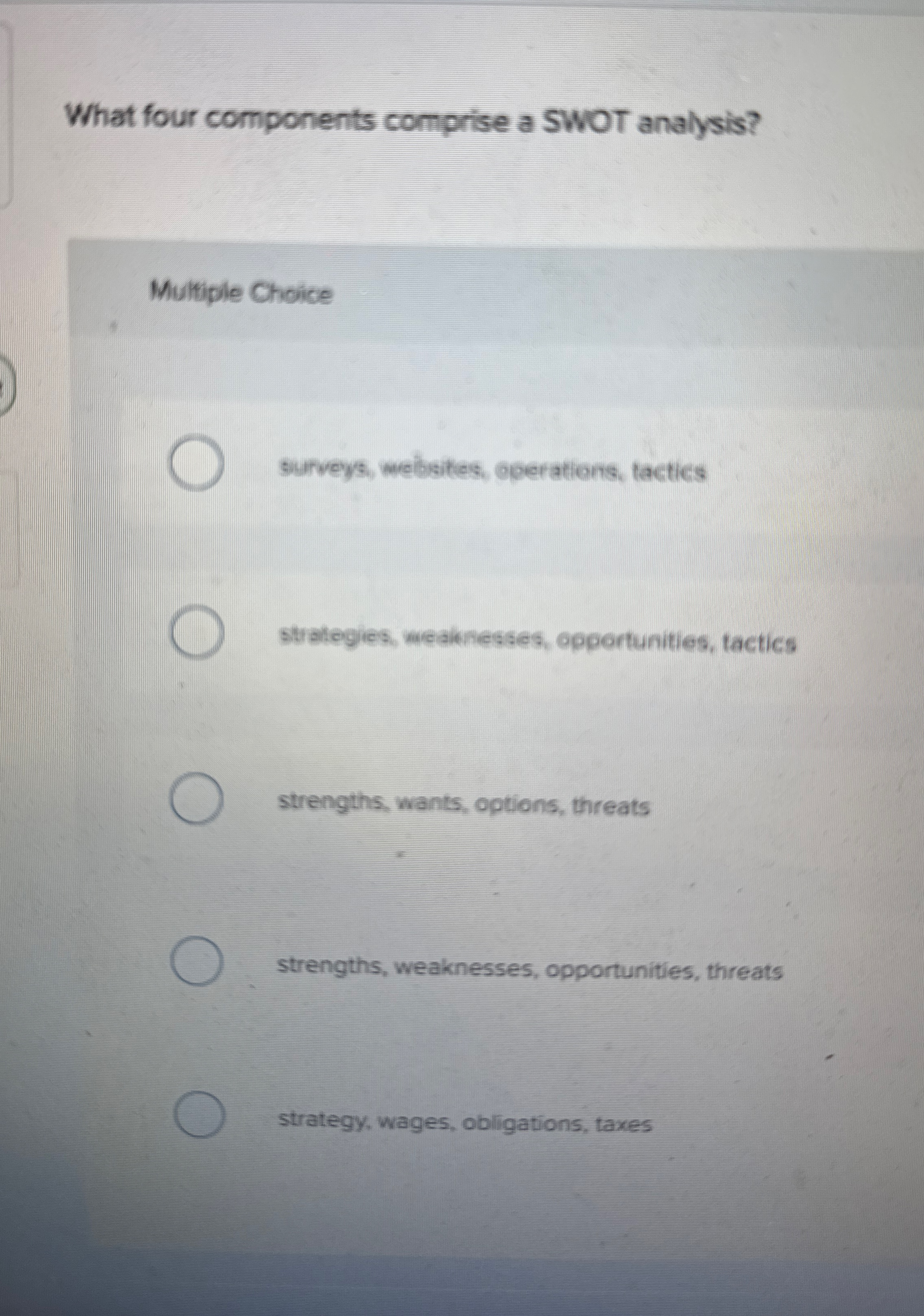 What four components comprise a SWOT analysis?