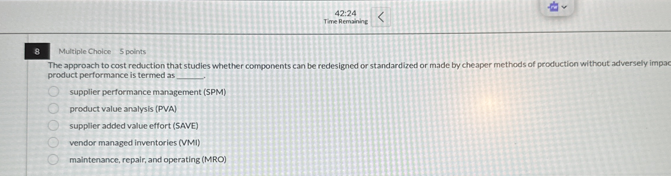 4 2 : 2 4 Time Remaining 8 Multiple Choice 5