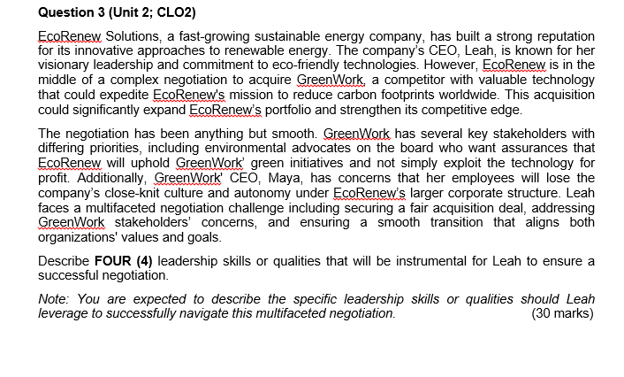 Question 3 ( Unit 2 ; CLO 2 ) EcoRenew Solutions,