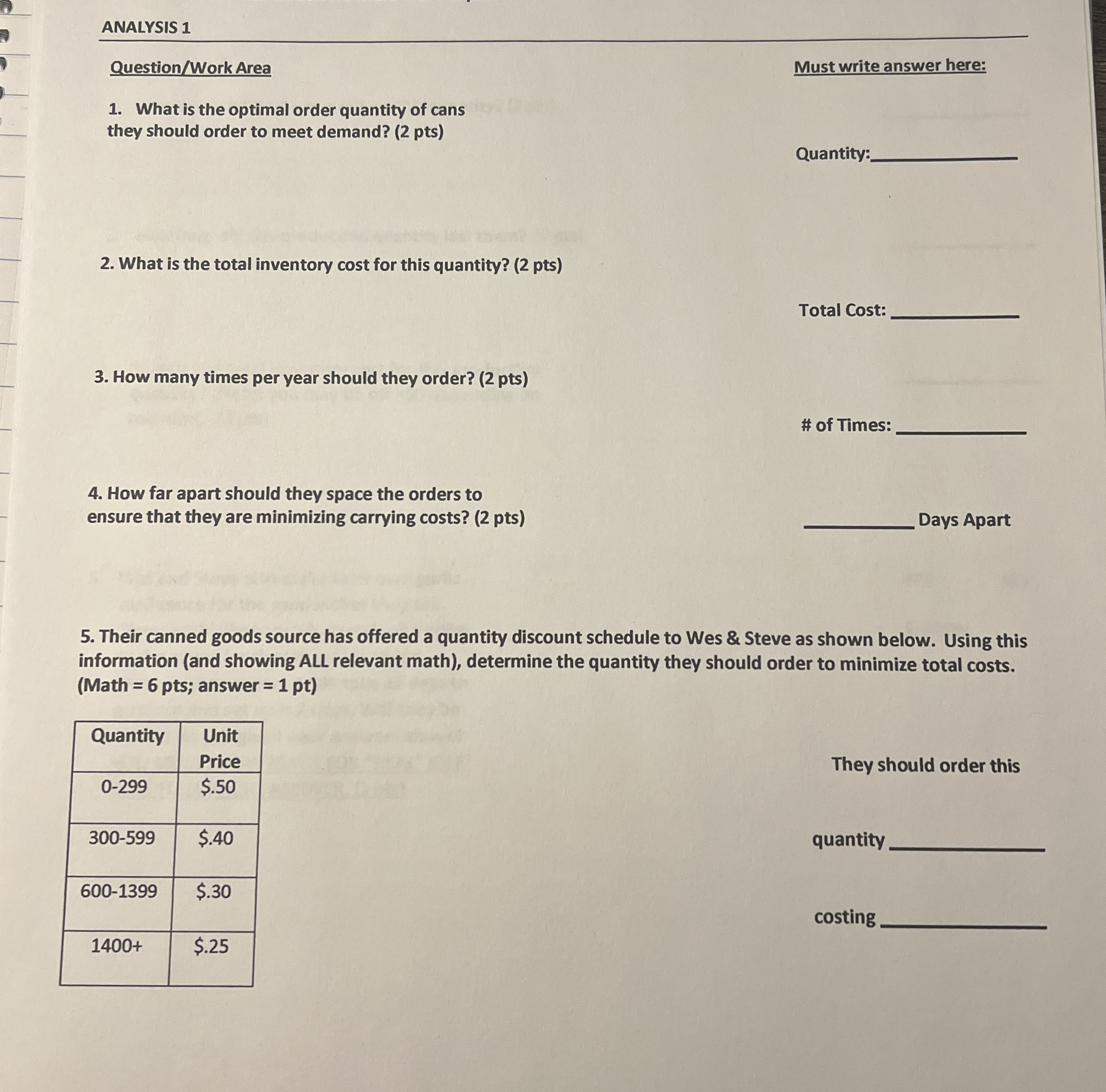 ANALYSIS 1 Question / Work Area What is the