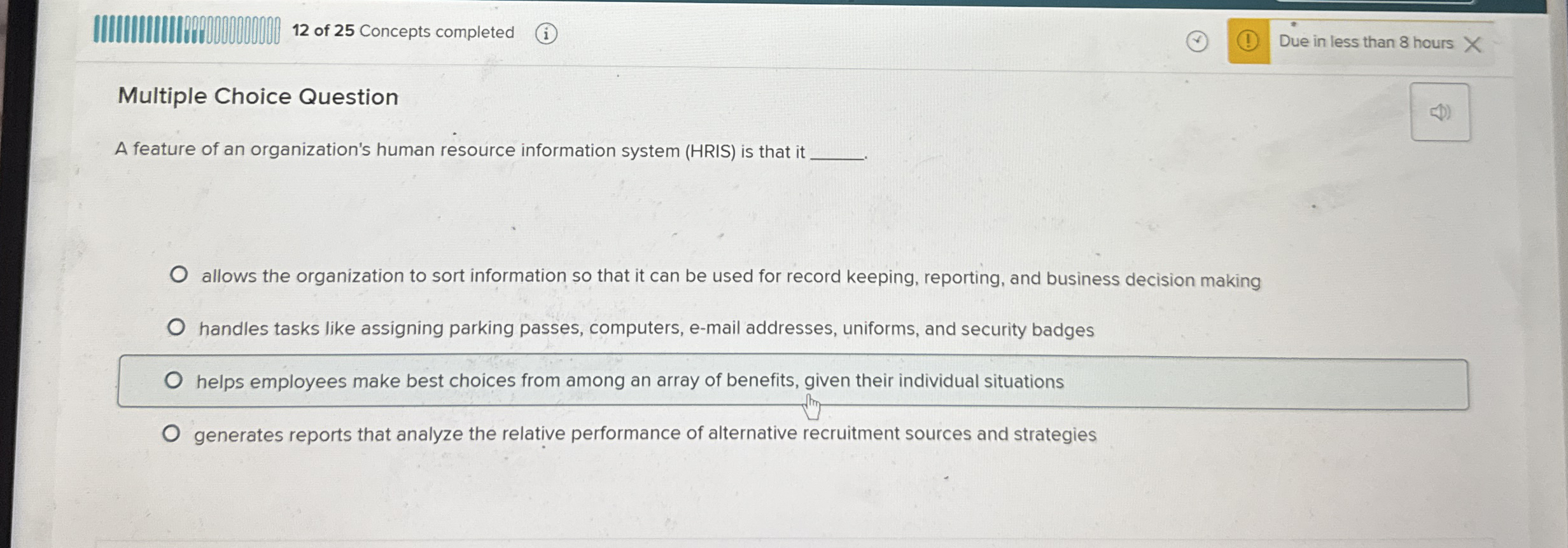 1 2 of 2 5 Concepts completed Due in less than 8