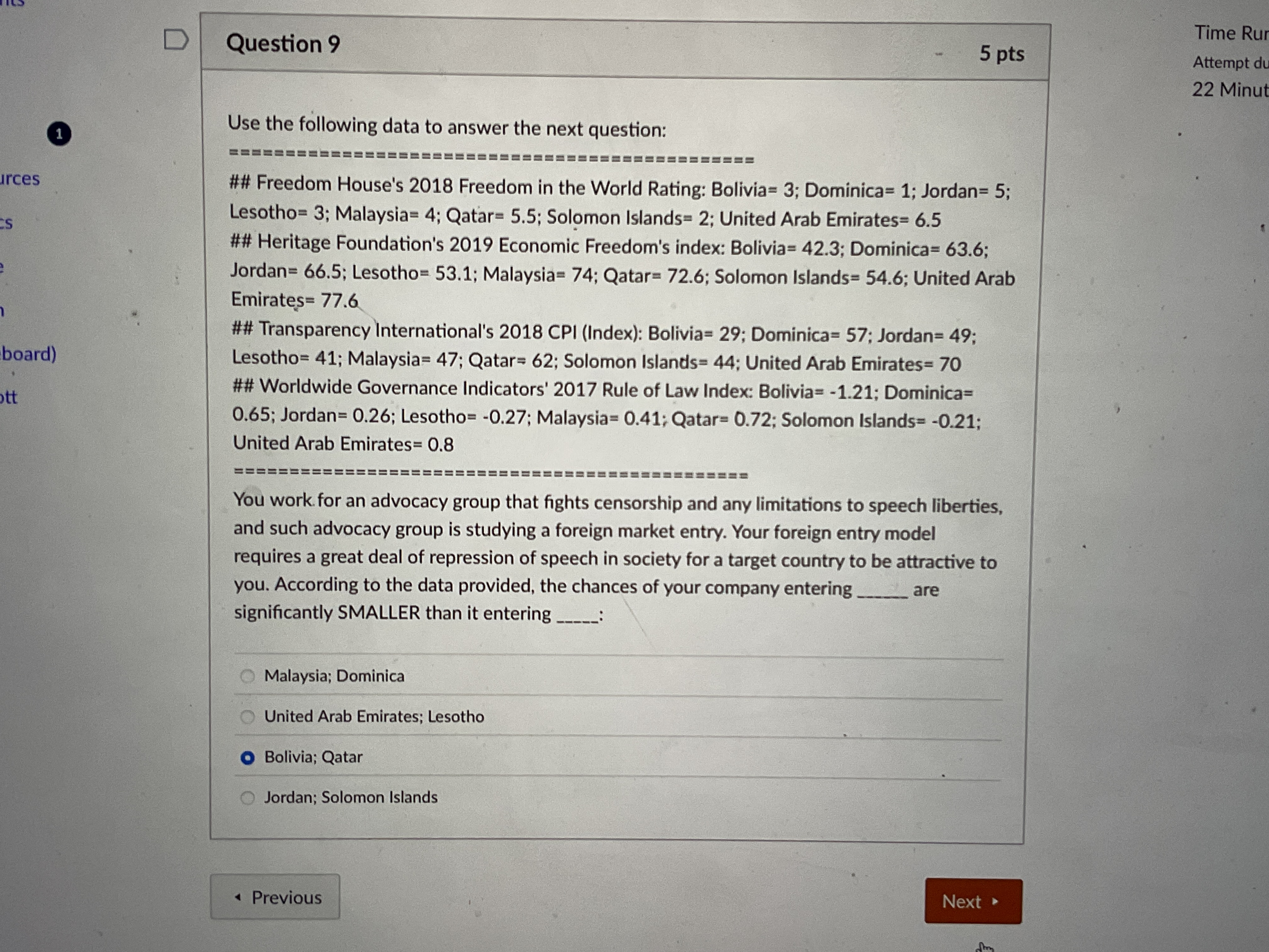 Question 9 Use the following data to answer the