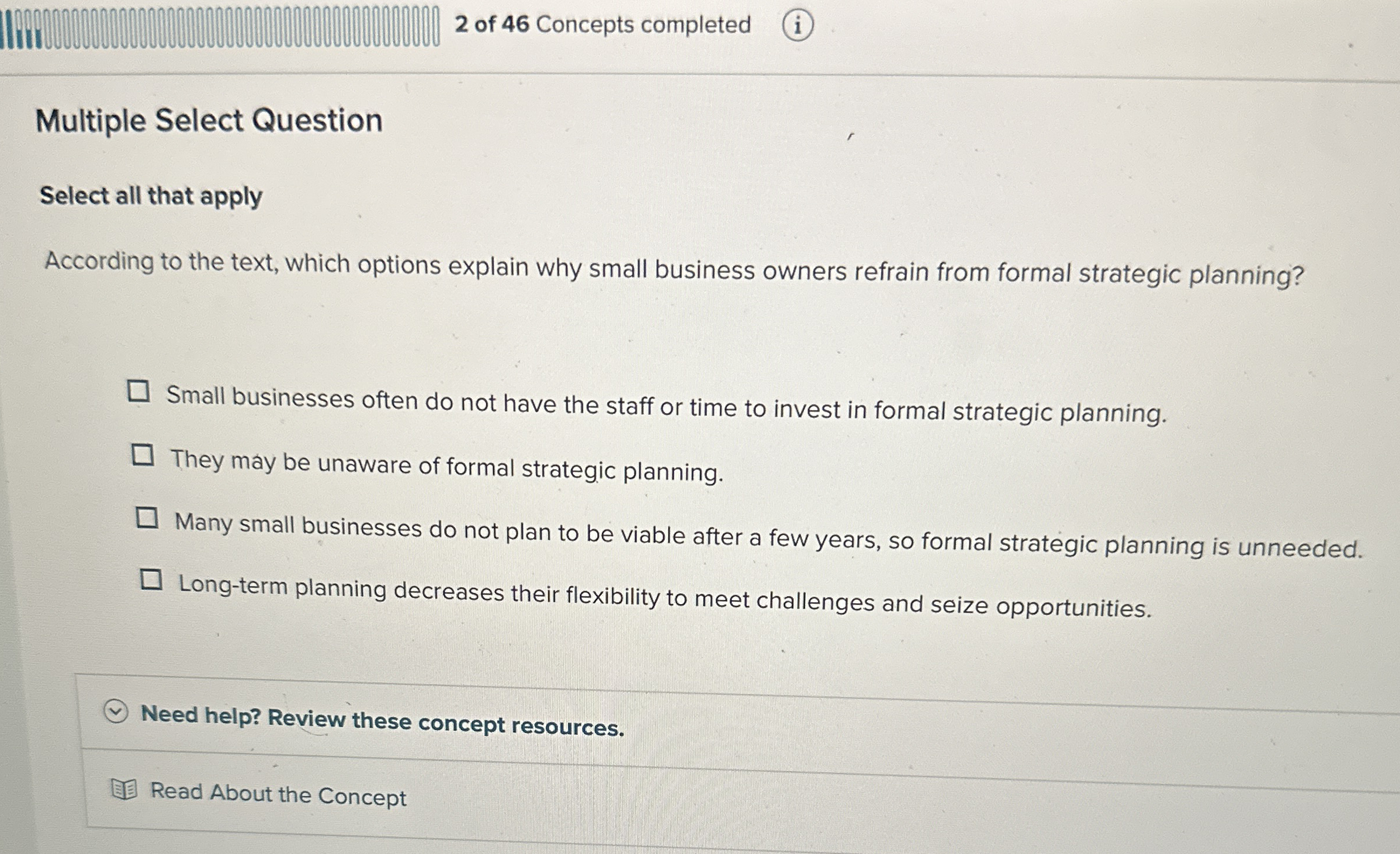 2 of 4 6 Concepts completed ( i ) Multiple Select