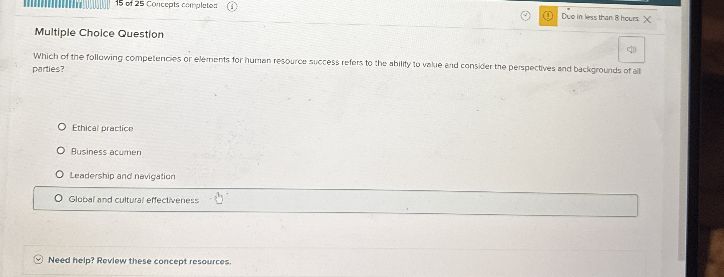 1 5 of 2 5 Concepts completed Due in less than 8