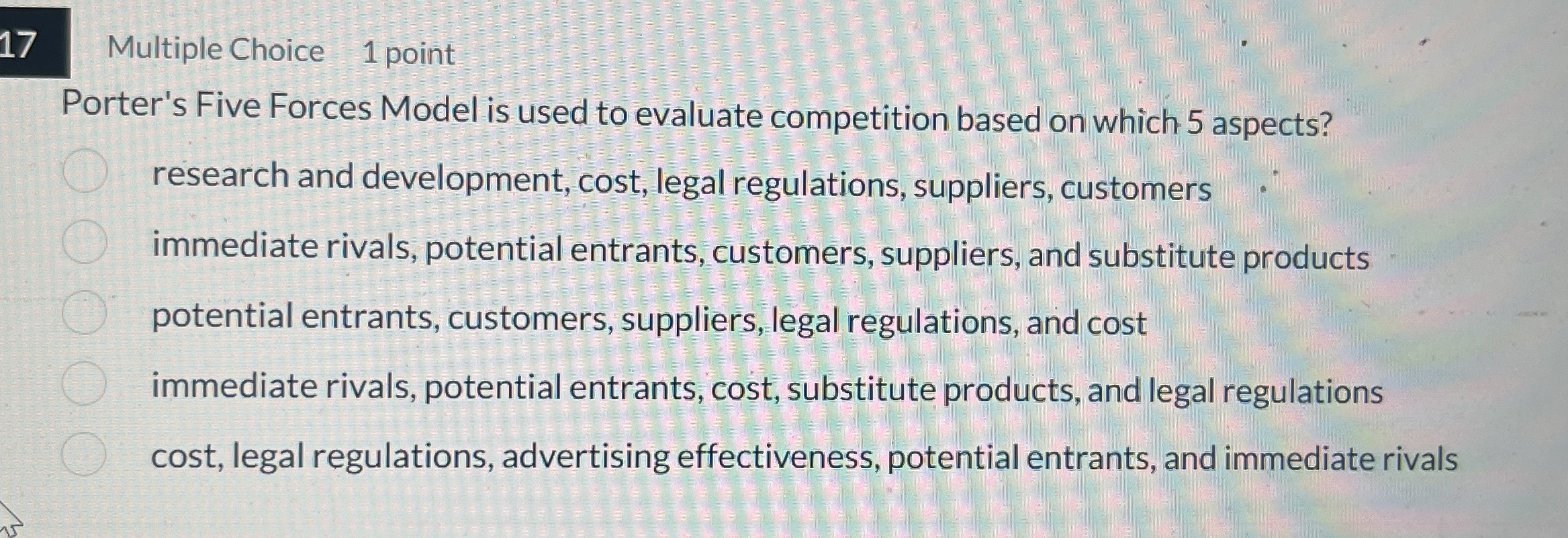 1 7 Multiple Choice 1 point Porter's Five Forces