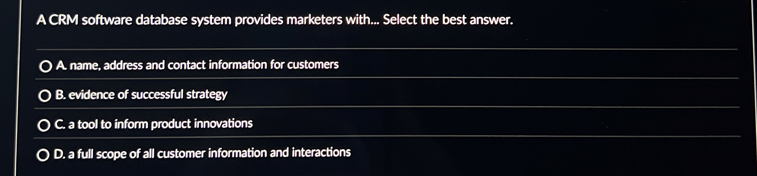 A CRM software database system provides marketers