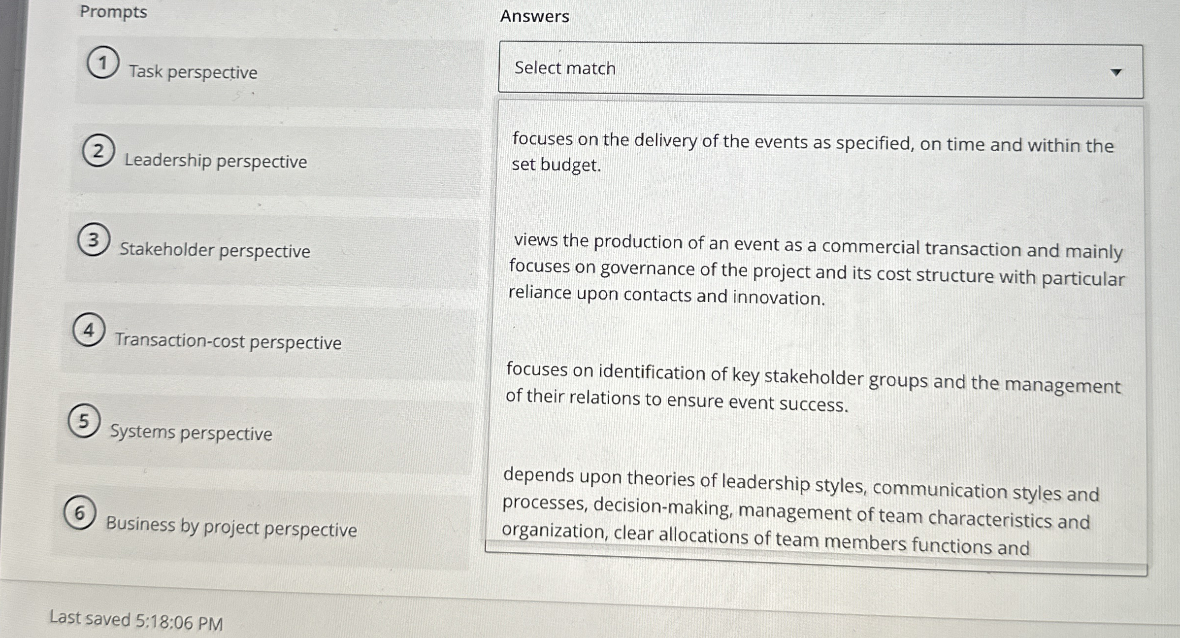 Prompts Task perspective Leadership perspective