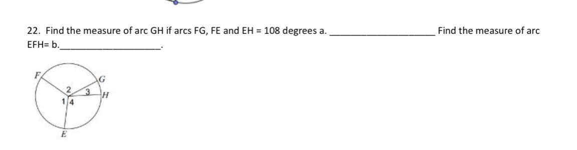 22. Find the measure of arc GH if arcs FG, FE and