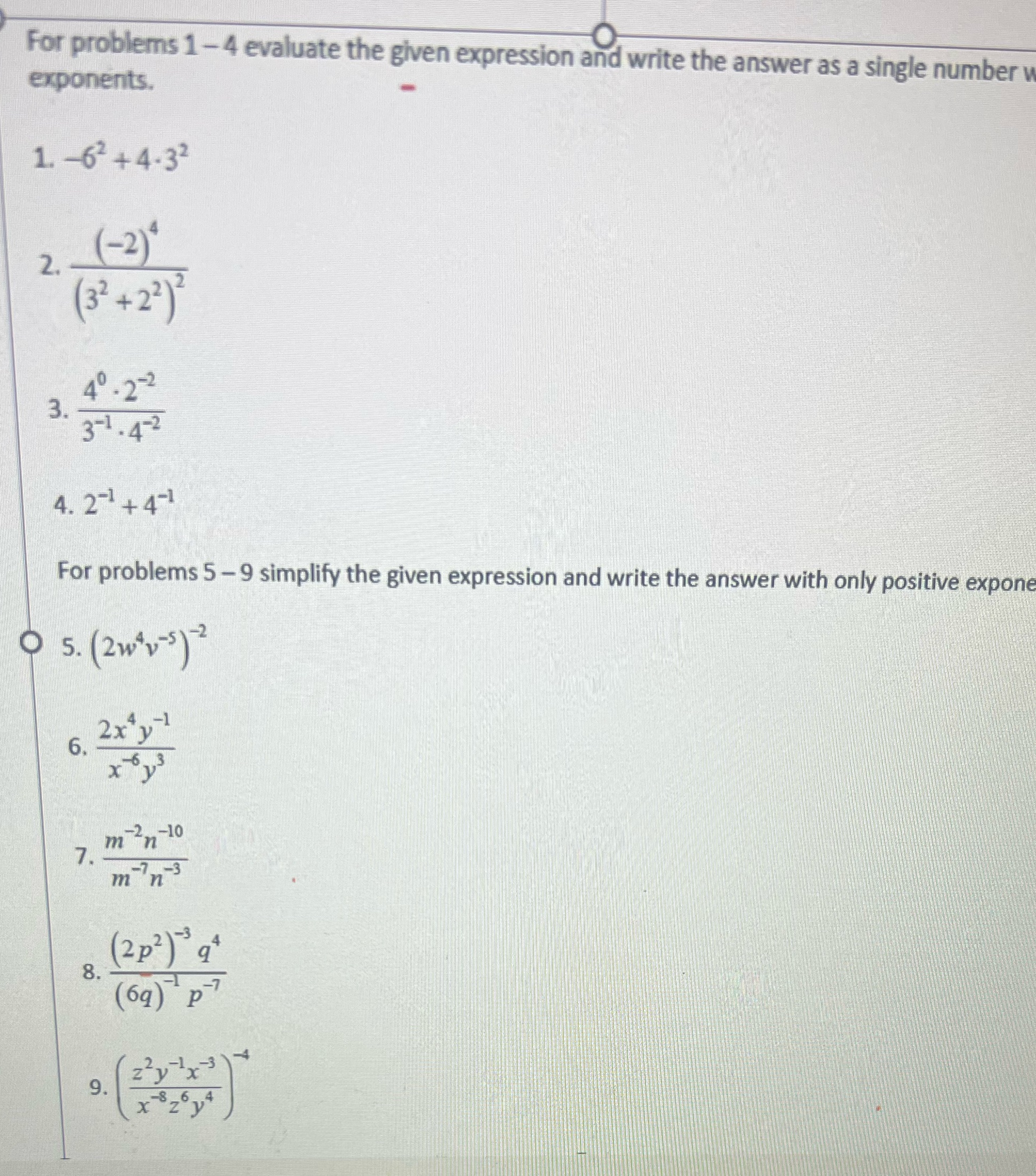exponents. For problems 1-4 evaluate the given