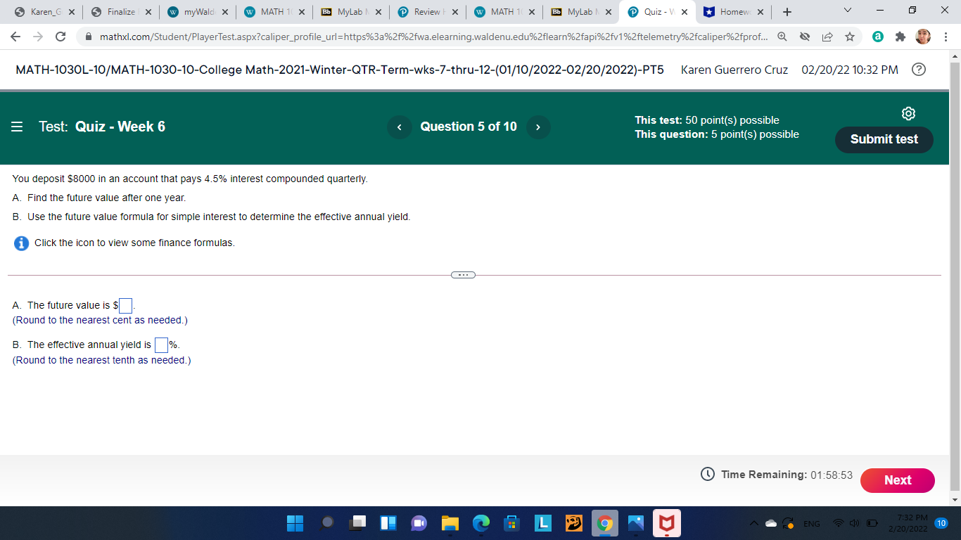 Karen_G x 5 Finalize | X w myWald X W MATH 1( X