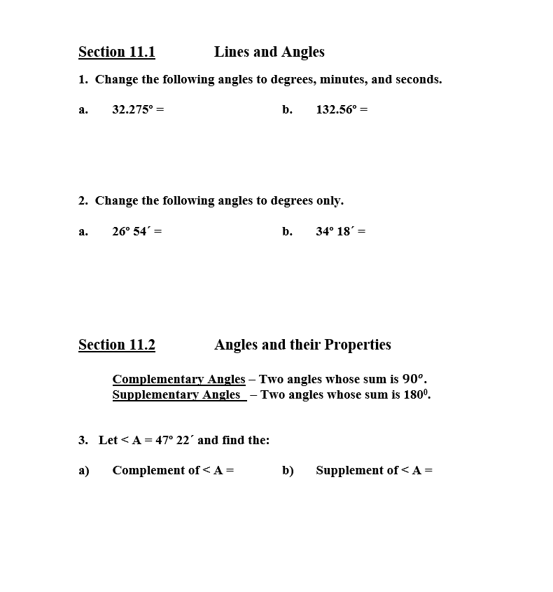 Section 11.1 Lines and Angles 1. Change the