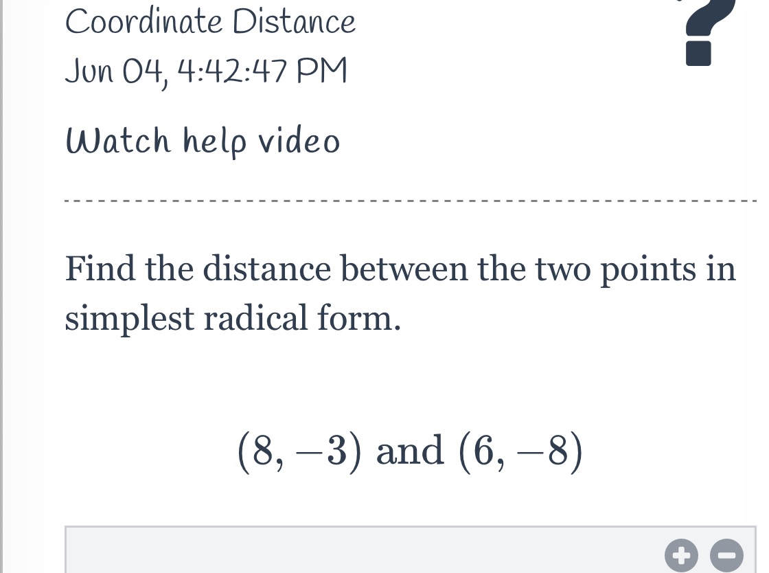 Coordinate Distance Jun 04, 4:42:47 PM Watch help