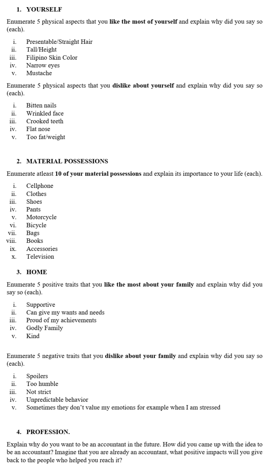 l. YOURSELF Enumerate 5 physical aspects that you