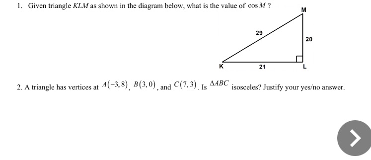 1. Given triangle KLM as shown in the diagram