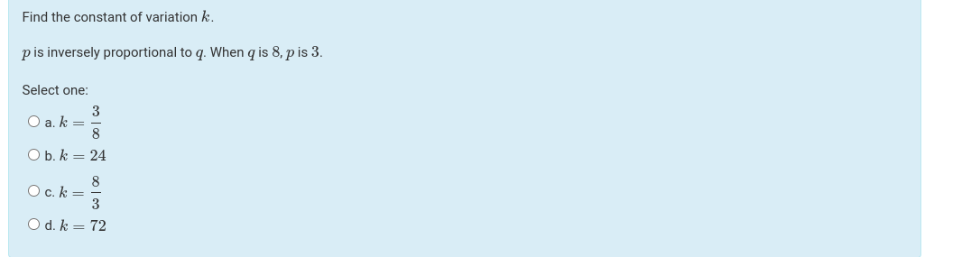 Find the constant of variation k. p is inversely