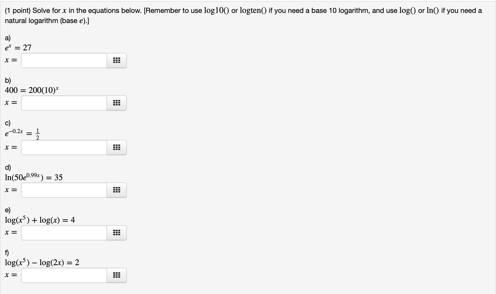 (1 point) Solve for x in the equations below.