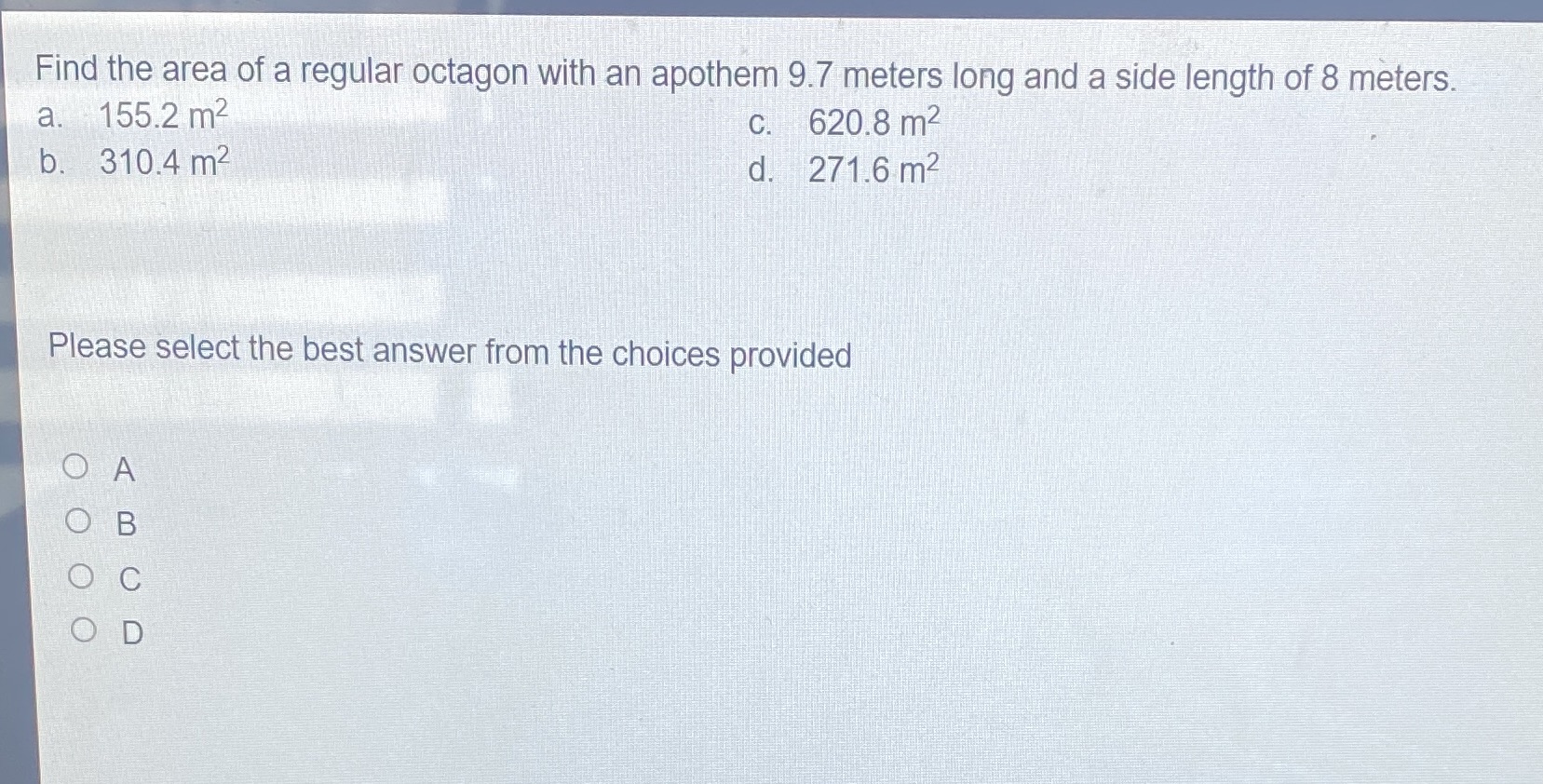 Find the area of a regular octagon with an