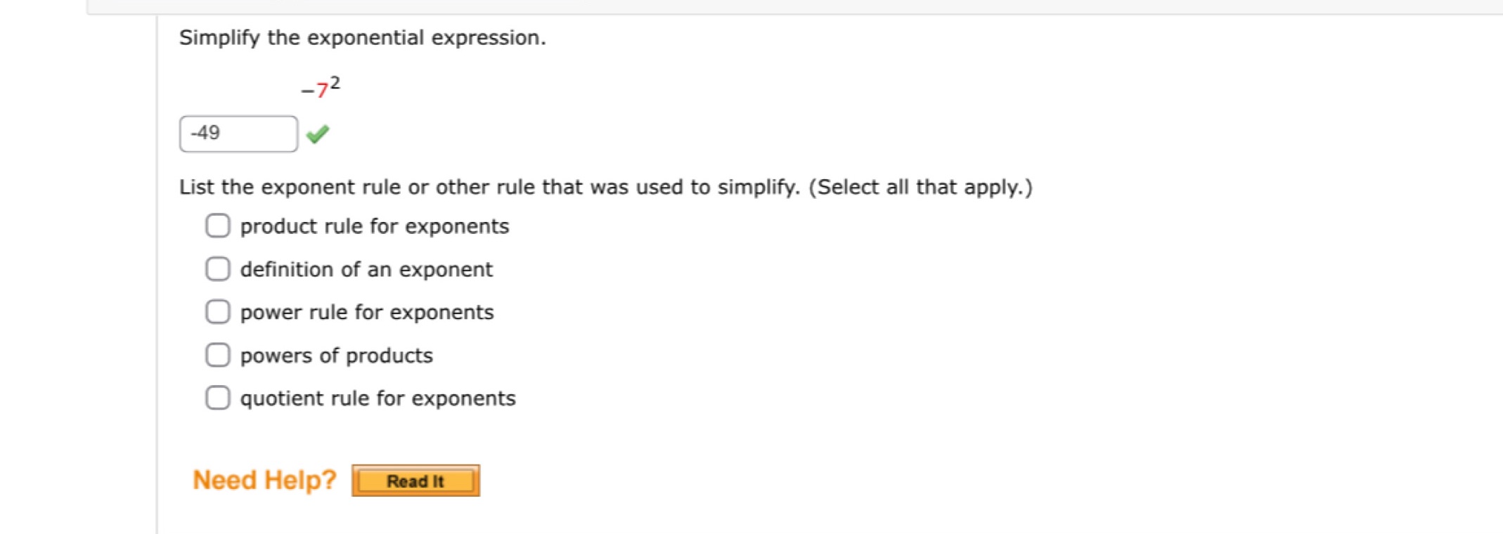 List the exponent rule or other rule that was