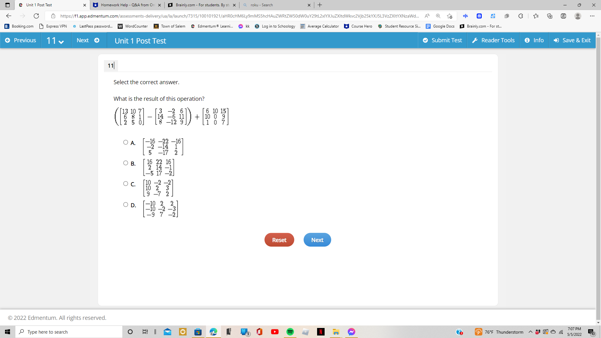 Unit 1 Post Test * *Homework Help - Q&A from On x