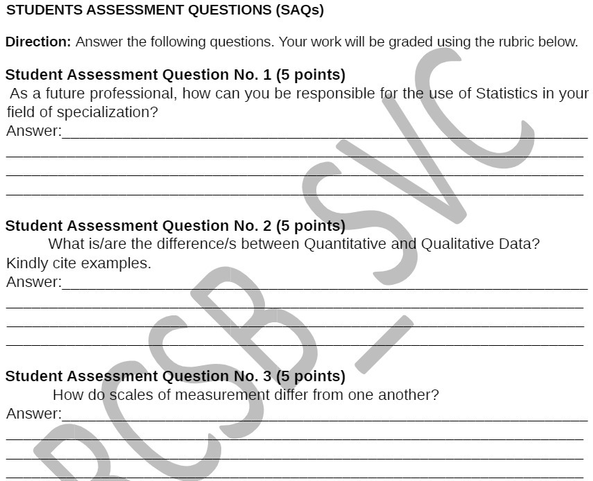 STUDENTS ASSESSMENT QUESTIONS (SAQS) Direction: