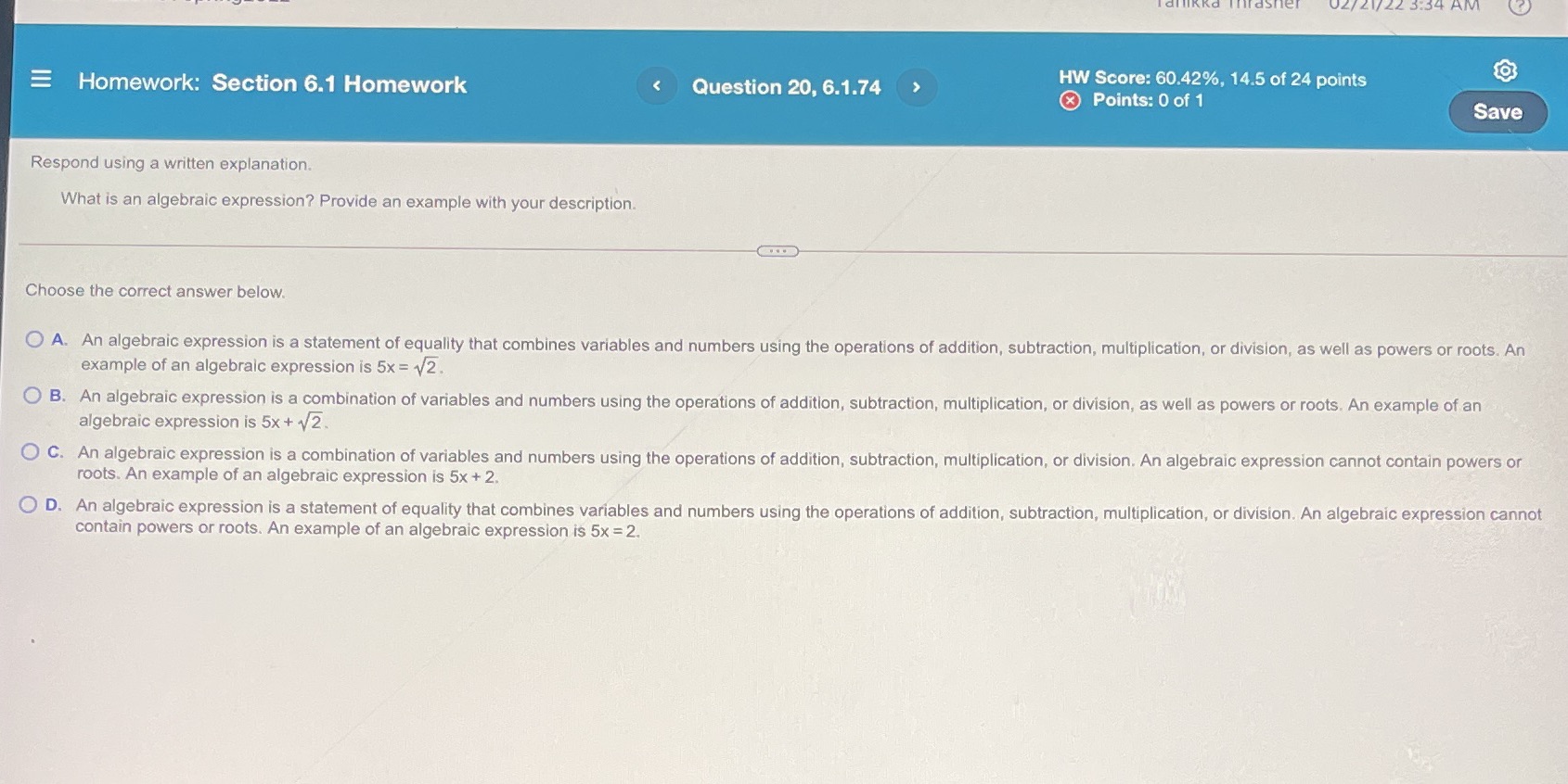 E Homework: Section 6.1 Homework Question 20,