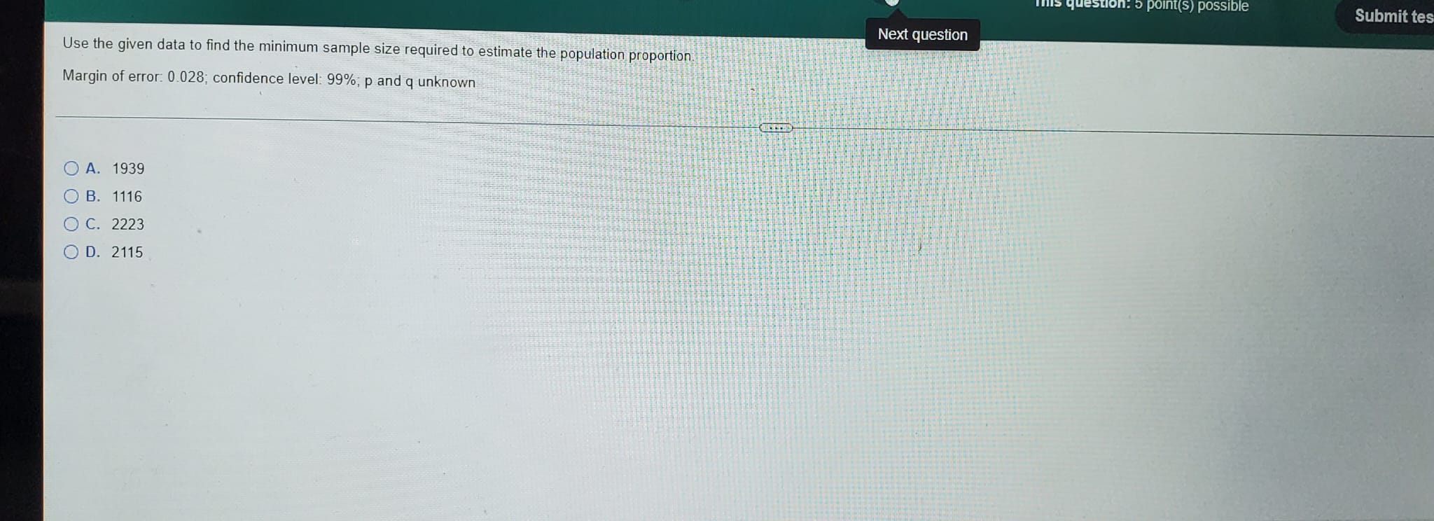 This question: 5 point(s) possible Submit test