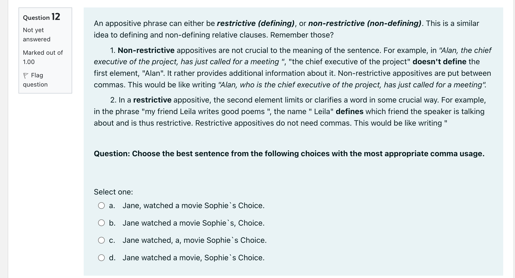 Question I] Not yet answered Marked out of 1.00