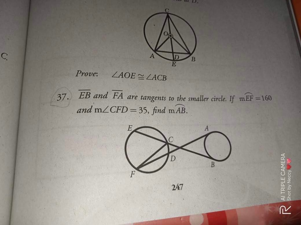 OO C. A AD B E Prove: LAOE ~ LACB 37. EB and FA