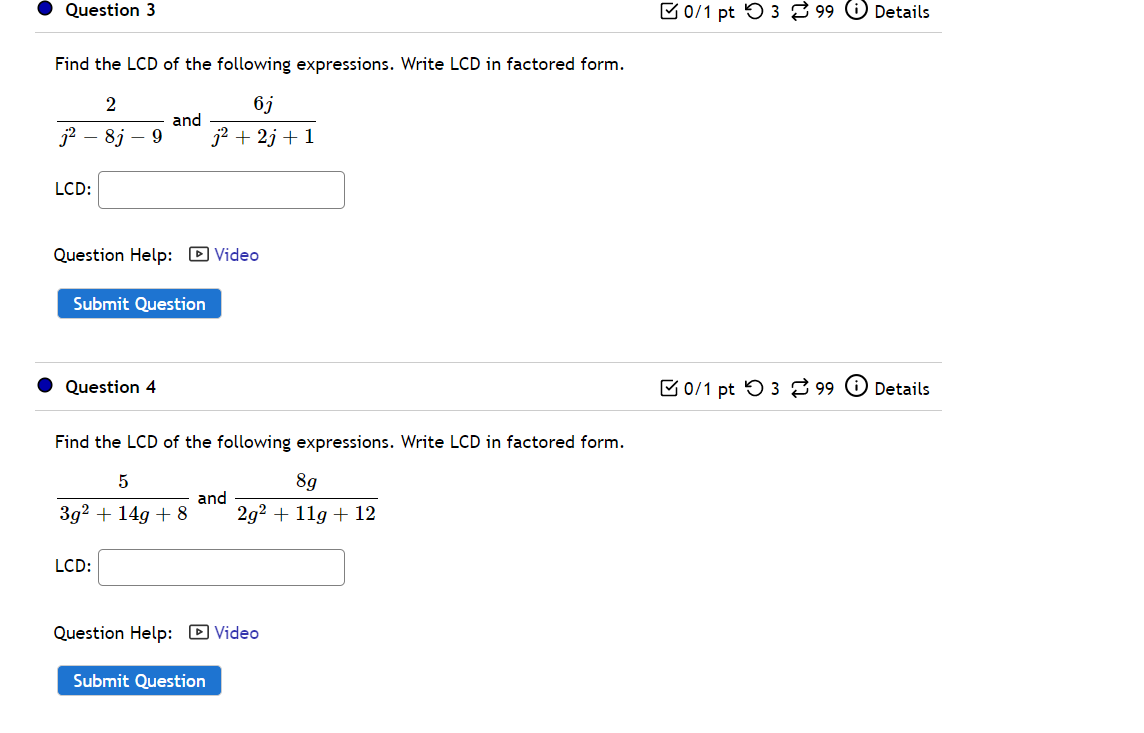Question 1 0/1 pt 9 3 99 0 Details Find the LCD