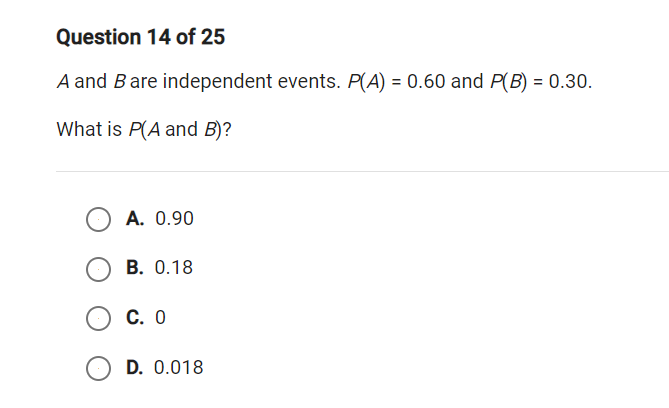 Question 14 of 25 A and Bare independent events.
