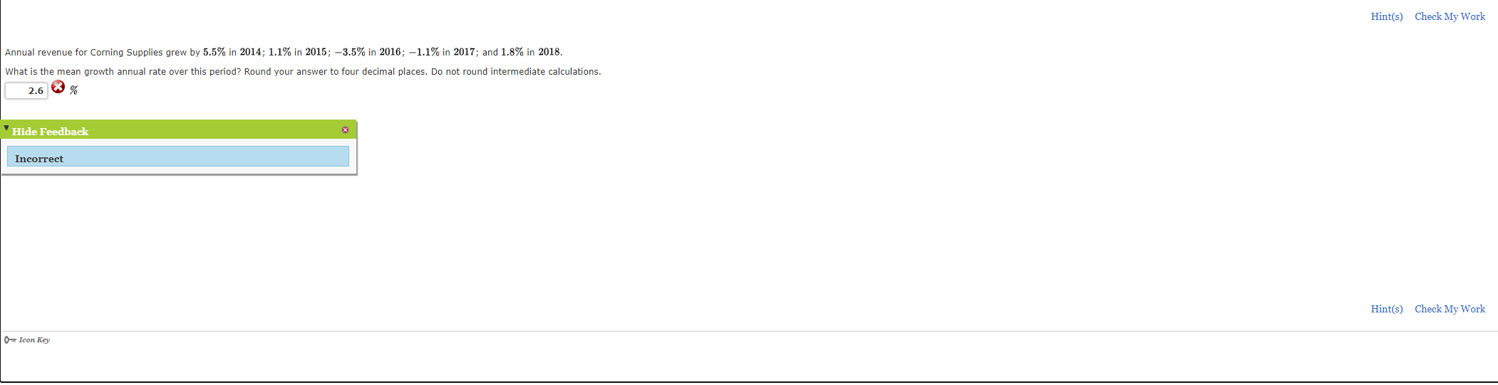 Hint(s) Check My Work Annual revenue for Corning