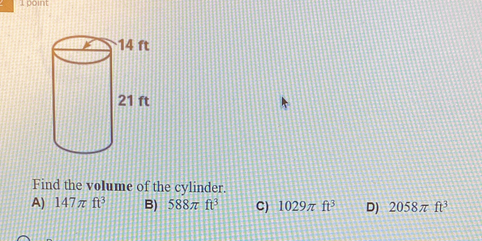 point 14 ft 21 ft Find the volume of the