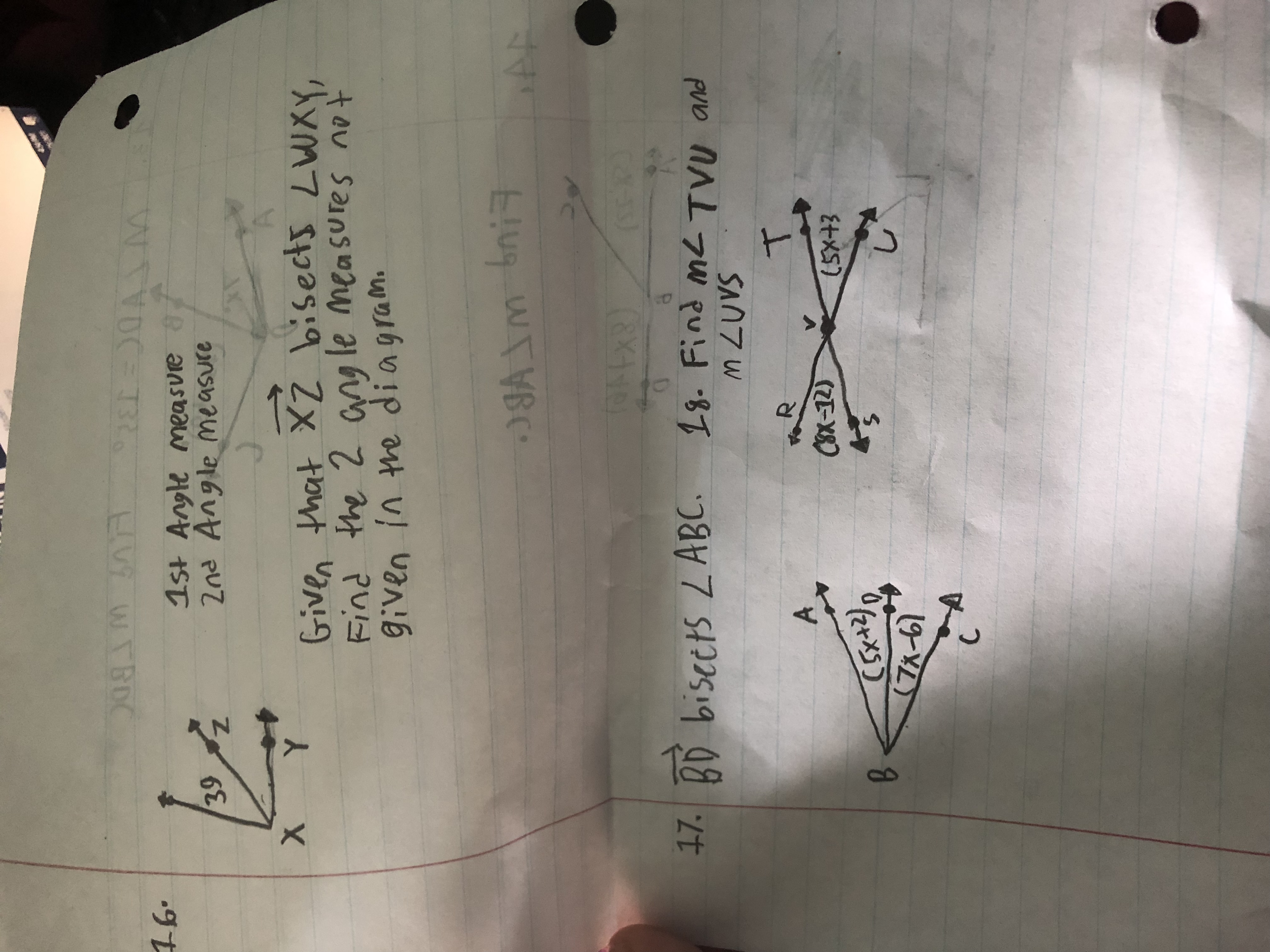 16. 1 st Angle measure 39 and Angle measure X Y