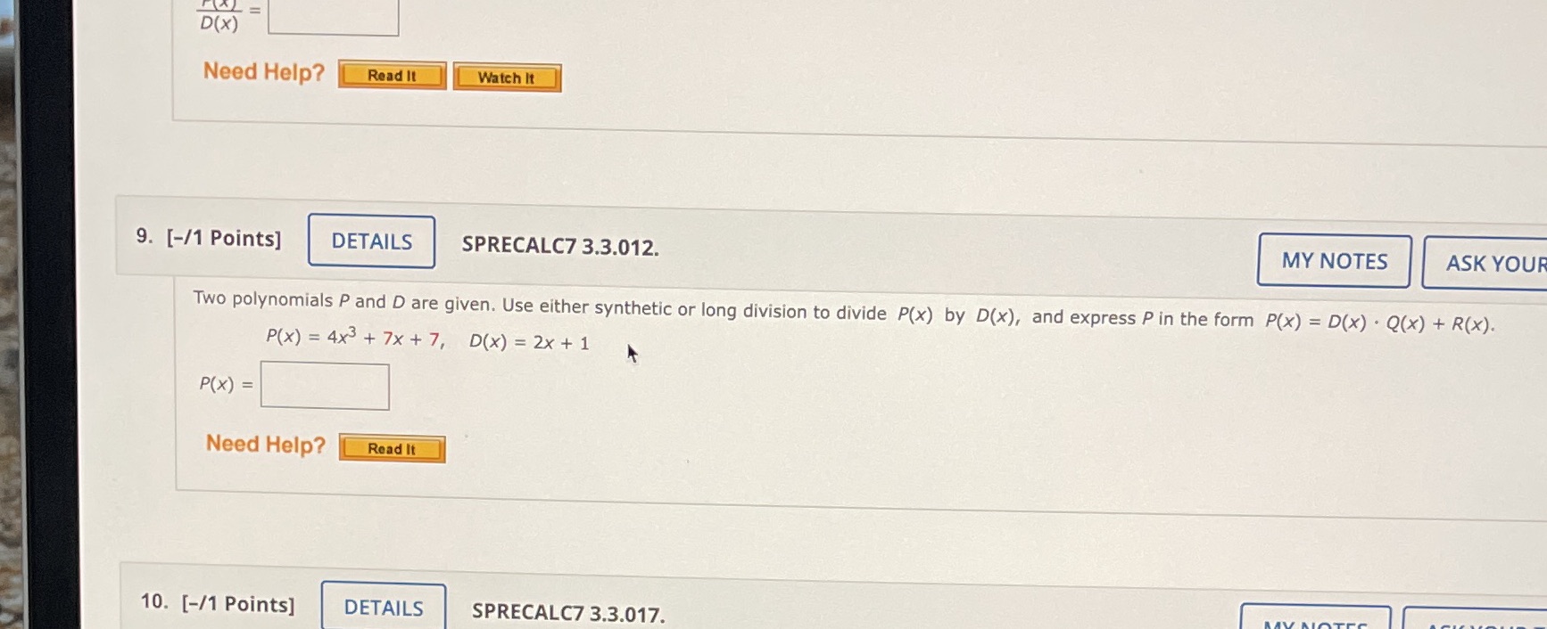 = D(X) Need Help? Read It Watch It 9. [-/1