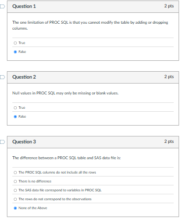 Question 1 2 pts The one limitation of PROC SQL