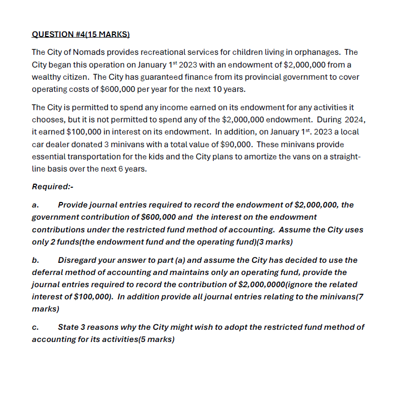 QUESTION #4(15 MARKS) The City of Nomads provides