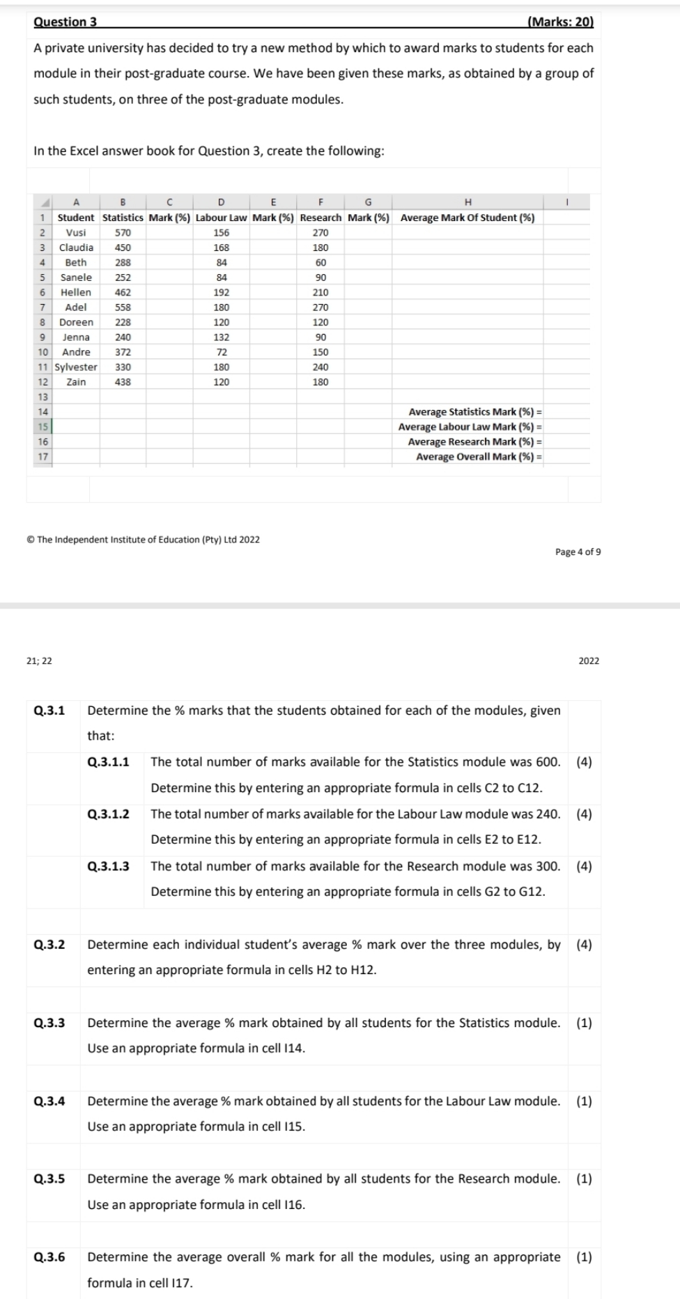 answers and formula Question 3 (Marks: 20) A