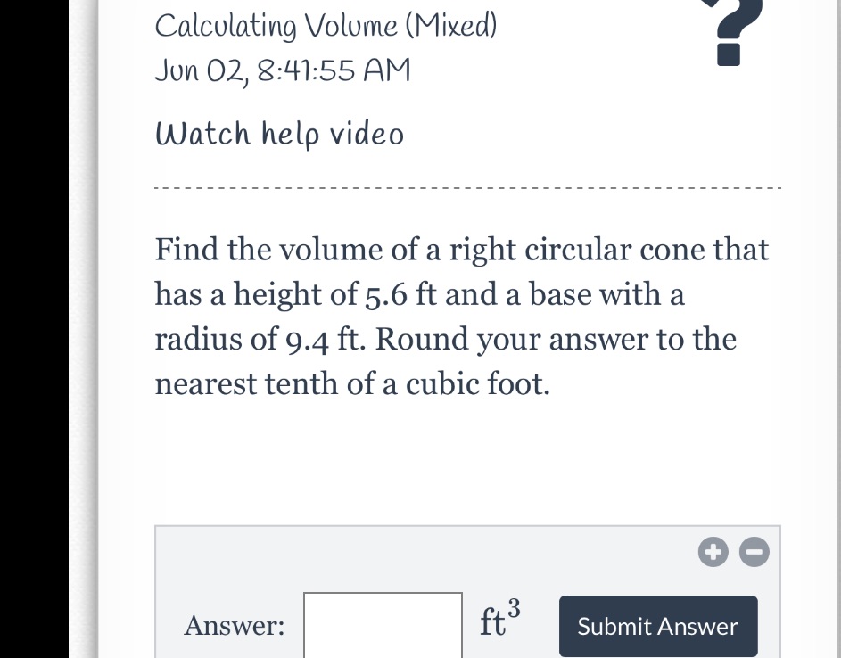 Calculating Volume (Mixed) Jun 02, 8:47:55 AM