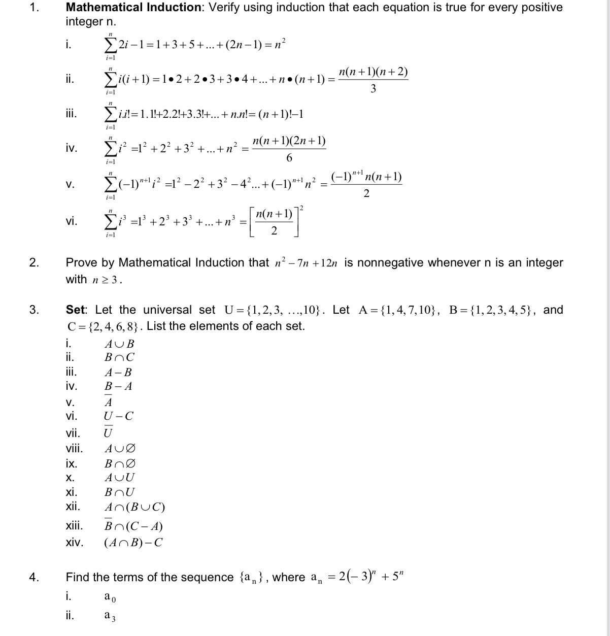 1. Mathematical Induction: Verify using induction