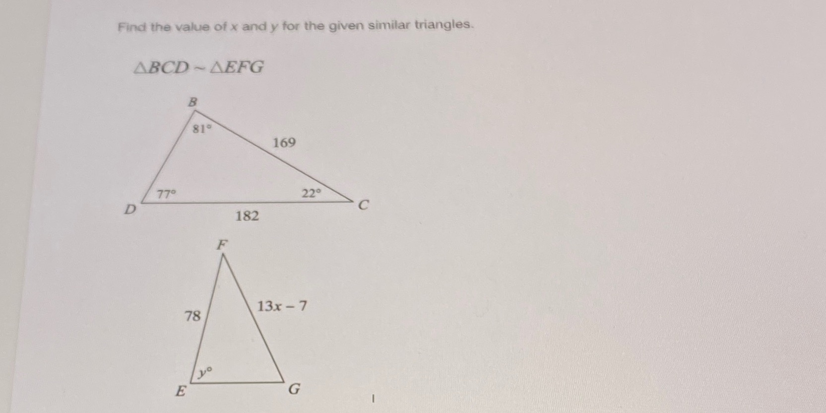 Find the value of x and y for the given similar